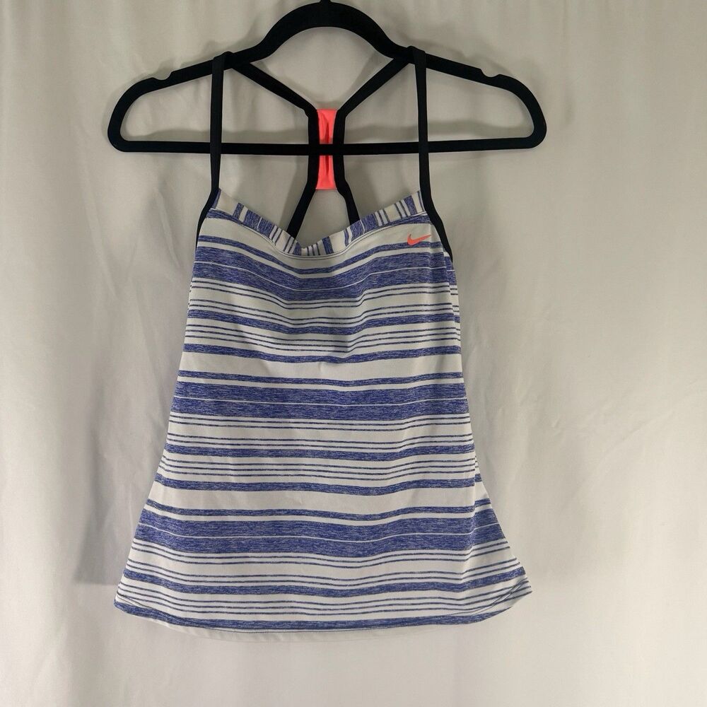 Nike Tank Top Women's 10 Blue White Striped Built In Bra Unpadded Stretch